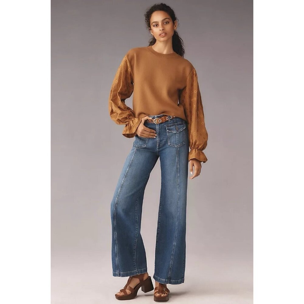 by Anthropologie Women's Puff Sleeve Size XS Crewneck Sweater Ginger Gold NWT